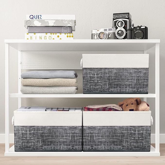 Fab totes Storage Bins [2-Pack], Foldable Storage Baskets for Organizing Toys, Books, Shelves, Closet, Large Storage Box with Rope Handles, Sturdy Organizer Bins, White & Black