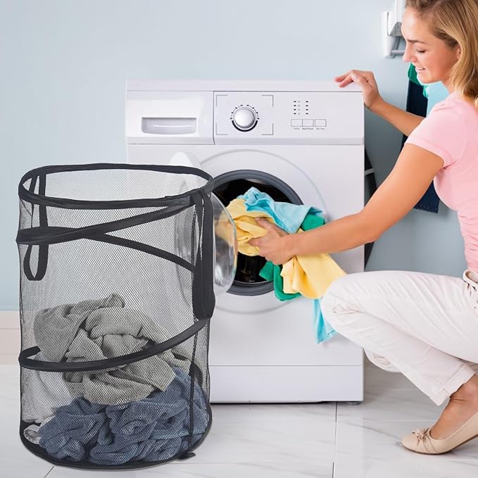 Mesh Popup Laundry Hamper 115L Foldable Laundry Basket Extra Large Capacity Collapsible Clothing Storage Basket with Handles 26 H x 18 W x 18 L (Black)