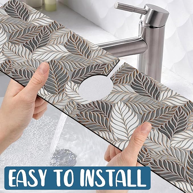 Embossed Leaf Texture Sink Faucet Absorbing Mat Grey Leaf Super Absorbent Fast Drying Mat Sink Gadgets Behind Faucet Sinkmat for Kitchen Bathroom, 23.5"x5.5"