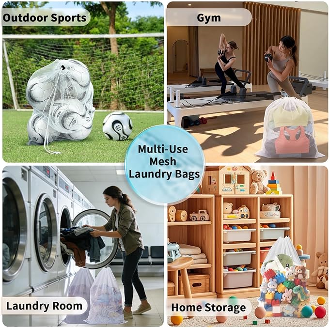 2-Pack Drawstring Mesh Laundry Bags, 24x31 Inches, Extra-Large Heavy Duty Laundry Net Bag, Breathable Mesh for Delicates, Protect Clothes in Washing Machine, Travel/Dorm/Sports/Family, White, Washable