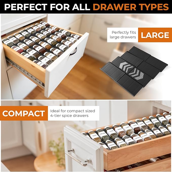 ALCOVA Spice Drawer Organizer, 4 Tier Expandable Spice Rack for Drawer from 9" to 18", Spice Organizer for Drawers and Countertop 8 Pcs Pack (Jars not included)