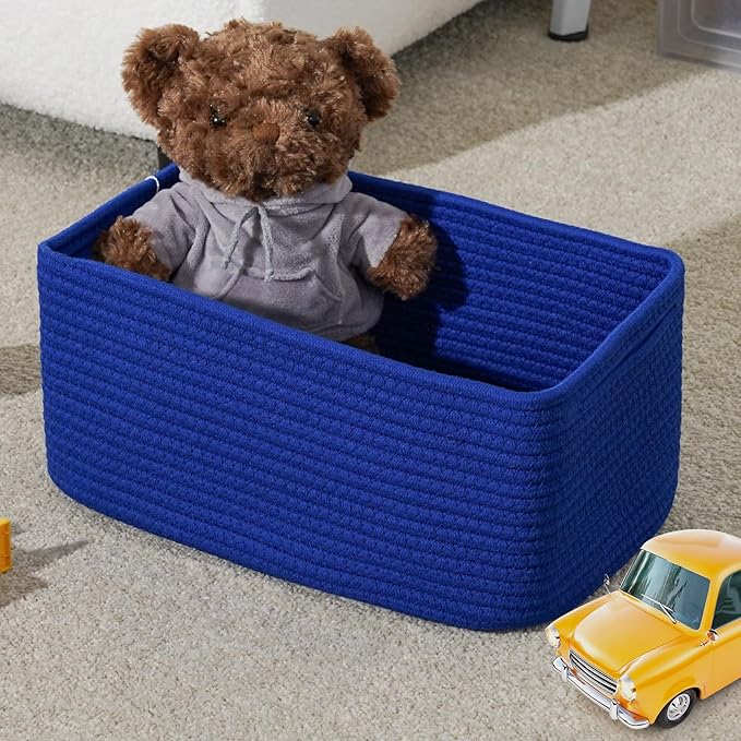 3-Pack Storage Baskets for Organizing | Woven Shelf Toy Basket | Rope Baskets for Gifts Empty | Closet Organizer Bins with Handles | Cube Decorative Box | 13.7×7.1×6.7” | Klein Blue
