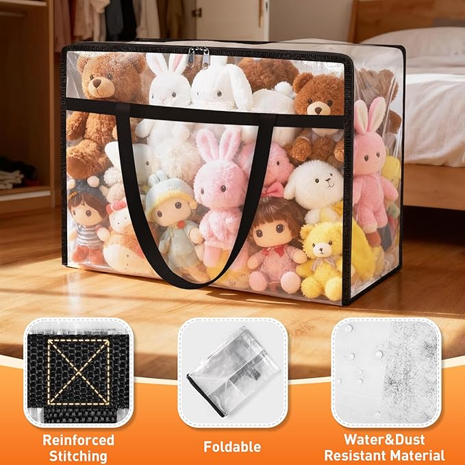 Clear Under Bed Storage Containers - 6 Pack Large Capacity Clothes Storage Bags with Lid & Sturdy Handles, Foldable Moving Bags, Clothing Organizer Totes for Bedding, Comforter, Sheet（40 L）