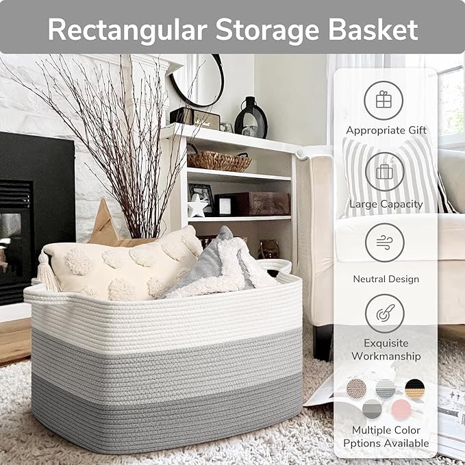 Goodpick Storage Basket, 21.6" x 14.9" x 11.8", Blanket Basket for Living Room, Large Woven Baskets for Storage, Toy Organizer, Rectangle Rope Baskets for Organizing, Gray