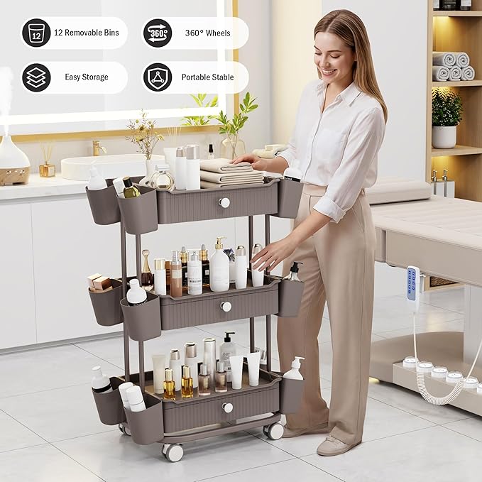 3 Tier Drawer Shelf Beauty Cart with 12 Movable Storage Organizer, Thickened Durable ABS, 360° Wheels for Salon Station for Hair Stylist, Beauty Salon, Spa Massage Parlor, Makeup Organizer - Brown