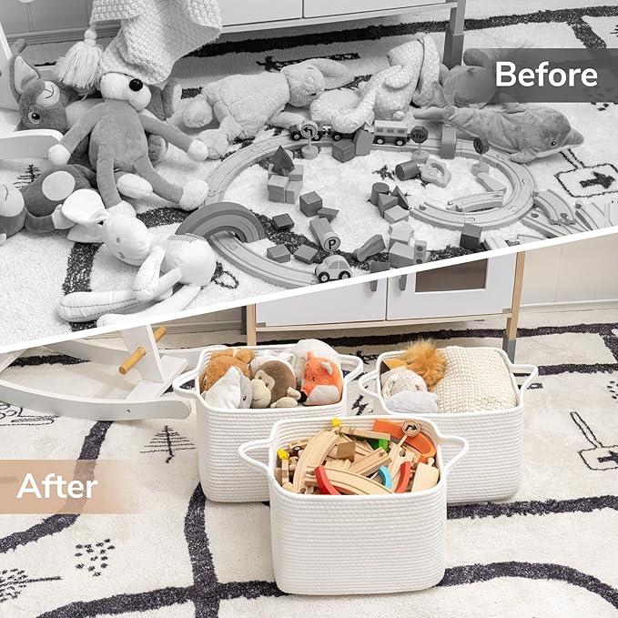 Goodpick White Woven Rope Basket with Handles, Medium Rectangle Basket for Books, Toys, Towels, Square Decorative Baskets for Living Room, Nursery, Shelf Baskets for Bedroom, 13" x 10" x 9"