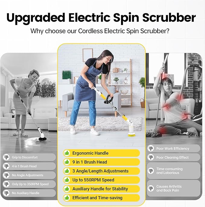 StarVal Electric Spin Scrubber, Cordless Cleaning Brush Shower Scrubber Up to 550 RPM with 9 Replaceable Brush Heads, Bathroom Scrubber Adjustable Extension Handle for Bathroom Kitchen Car (Yellow)