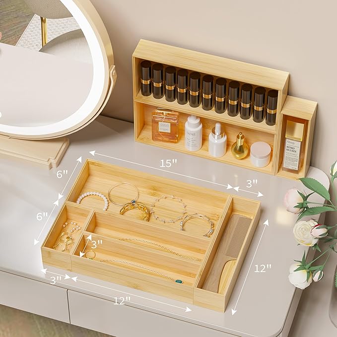 Kitchen Drawer Organizer Bins, Stackable Bamboo Deep Drawer Organizer for Silverware, Utensils, Cutlery, Flatware, Junk Drawer, Dresser, Bathroom, 12" x 3" x 2.5" (Set of 2)
