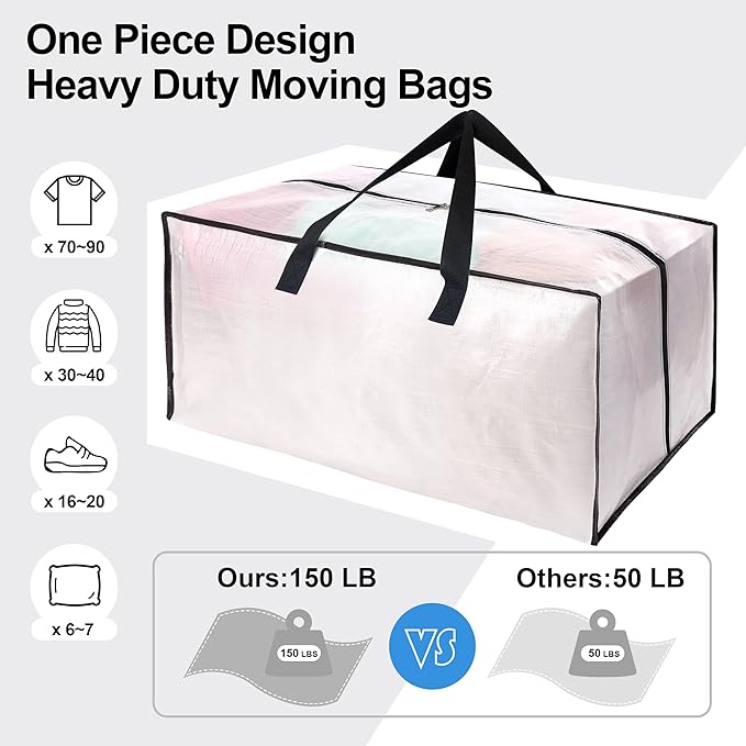6 Pack Heavy Duty Extra Large Moving Bags W/Backpack Straps - Strong Handles & Zippers, Storage Totes For Space Saving, Fold Flat, Alternative to Box and Bin (40 gal, Semi-Transparent)