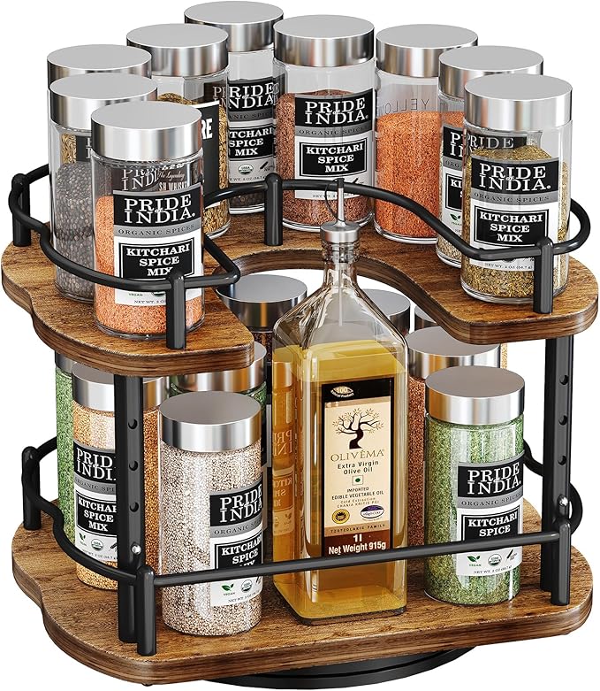 Lazy Susan Organizer Spice Rack - Spice Organization for Cabinet Height Adjustable Rotating Lazy Turntable, Pantry Kitchen Wood Revolving Seasoning Organizer (9 Inch)