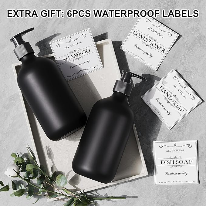 2Pcs Black Soap Dispenser, 16oz Plastic Dish & Hand Soap Dispenser for Kitchen, Empty Liquid & Lotion Dispenser Set for Bathroom Accessories