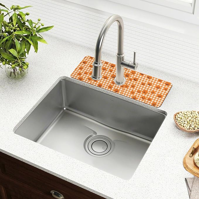 Halloween Orange Plaid Pumpkins Pink Flowers Kitchen Sink Splash Guard Sink Faucet Mat Faucet Handle Drip Catcher Drain Mats for Kitchen Bathroom Countertop Absorbent D