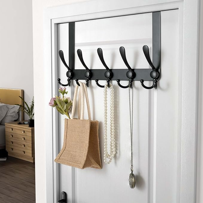 Dseap Over Door Hook 2.0 - Upgraded Version - Simple-Assembly, Strong, Heavy-Duty Stainless Steel 5-Tri-Hook Over The Door Hanger Rack, SimpleStrong Series, Black, Pack of 2