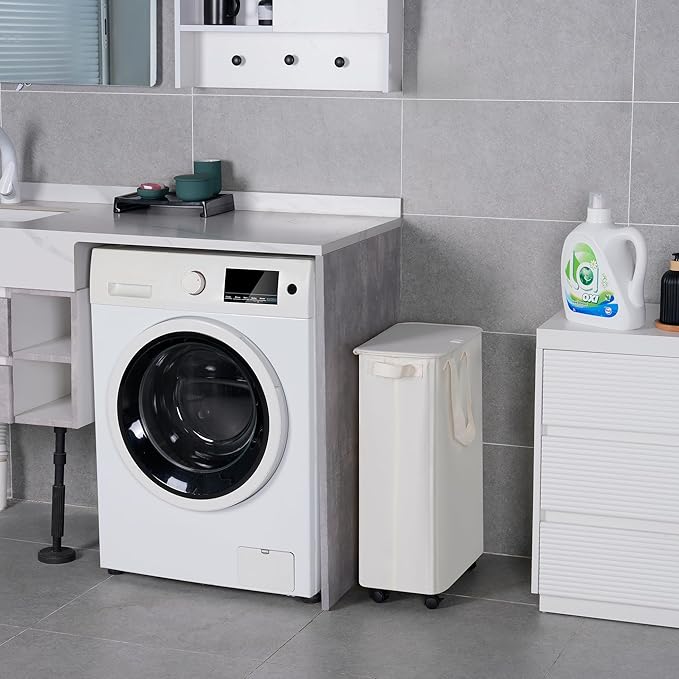 Slim Laundry Hamper with Lid and Wheels, Small Rolling Laundry Basket with Handle for Small Spaces, Tall Dirty Clothes Hampers for Dorm, Bathroom and Bedroom, 55L, Beige