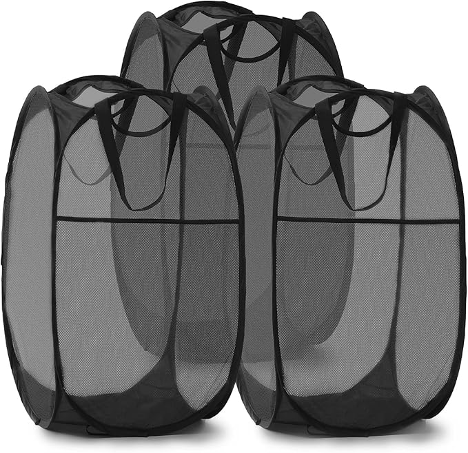 TECHMILLY Collapsible Mesh Pop Up Laundry Hamper with Sturdy Handles and Side Pocket - Portable Foldable Clothes Baskets for Dorm, Bathroom & Travel Storage (Black, 3 Packs)