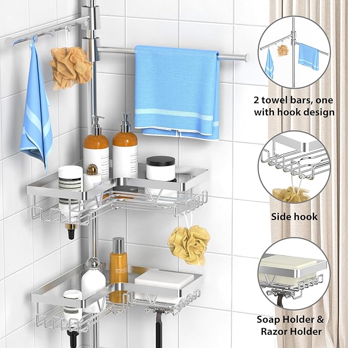 KEGII Shower Caddy Tension Pole with 2 Towel Bars, Adjustable Corner Bathroom Organizer, Rustproof Bathtub Storage Shelves for Shampoo, 25–114.2 Inch Shower Corner Rack for Renters & Family, Silver