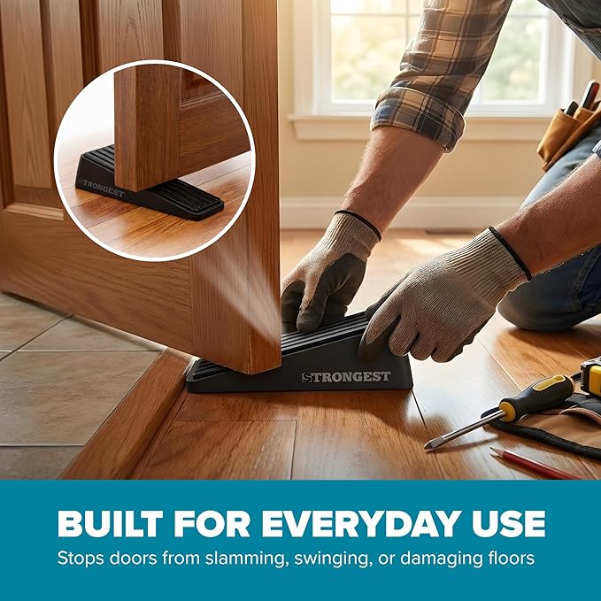 Strongest Home Heavy Duty Door Stopper Wedge (2 Black PCs) | Non-Slip Rubber and Metal Door Stop for Heavy Doors| Work on Wood, Tile, Carpet + 2 White Wall Protectors
