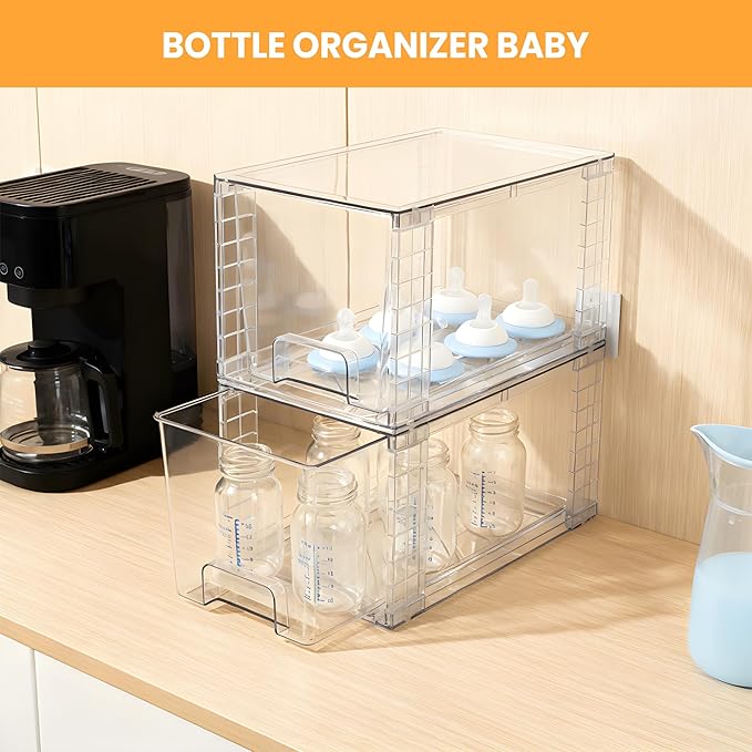 2 Pack Large Stackable Storage Drawers, Acrylic Bathroom Undersink Closet organizers and storage, Clear Plastic Bins for Pantry, Kitchen Cabinets, Makeup, Perfume, Baby Bottles, Medicine Organization
