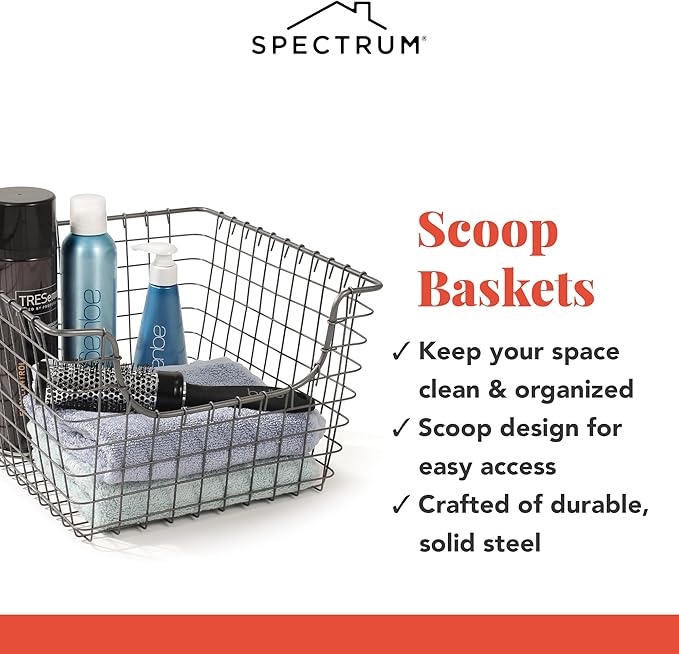 Spectrum Wire Scoop Basket Storage Bin Industrial Gray Medium Metal Wire Basket Organizer for Kitchen Pantry Wire Storage Bins, Heavy Duty Rectangle Wire Storage for Kitchen Organization