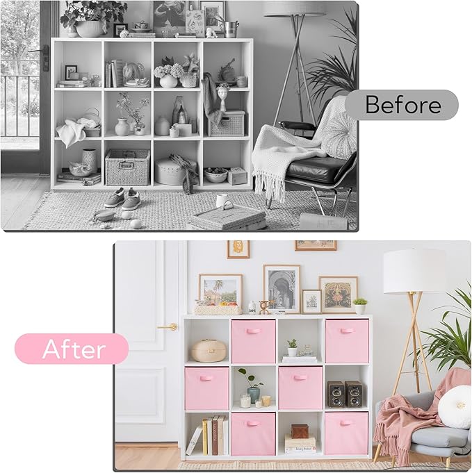 Cupic Cupid 13x13 Storage Cubes, 6 Pack Open Storage Bins with Handles, Storage Cube Organizer for Clothes and Toys, Collapsible Cube Bins for Closet, Shelves, Offices, Pink