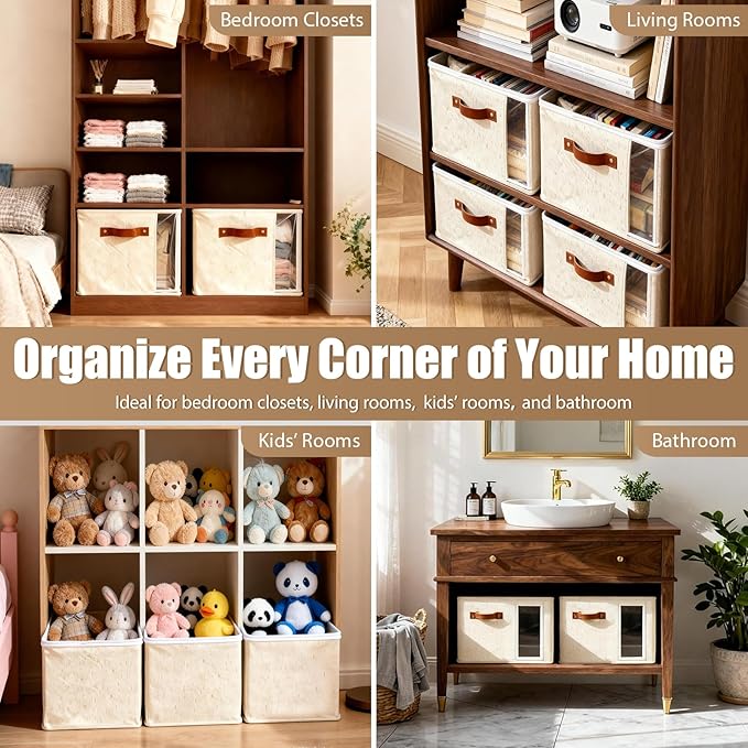 2 Pack Large Fabric Storage Baskets for Shelves, Basket Organizers and storage Bins with Handles for Home Organizing, Beige Decorative Collapsible Baskets for Clothes, Toys, and Blankets
