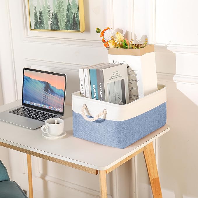 Storage Bins with Sturdy Cotton Handles(3 Pack), Fabric Storage Baskets for Organizing use for Office & Home, Book, Clothes, Toys, Closet Boxes (Medium, Blue-White, 14.2x10.2x7.1 inches)