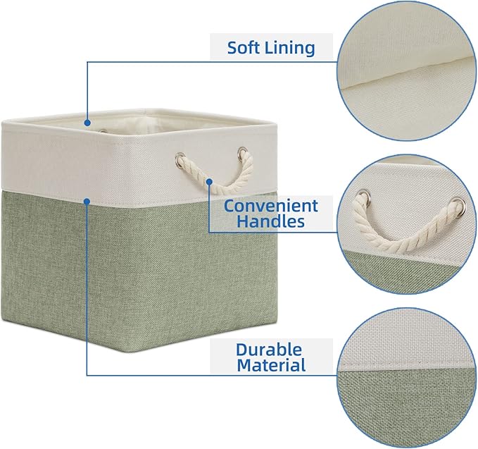 Temary Cube Storage Baskets for Shelves 12 Inch Storage Cubes 4pack Fabric Storage Baskets for Organizing Clothes, Closet Basket with Rope Handles for Home (White&Green)