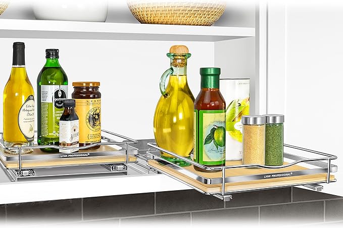 LYNK PROFESSIONAL® Élite™ Pull Out Spice Rack Organizer for Inside Kitchen Cabinets - 10-3/8 inch Wide - Slide Out Drawer – Wood/Chrome Sliding Spice Organization for cabinet - Spice Racks - 1 Tier