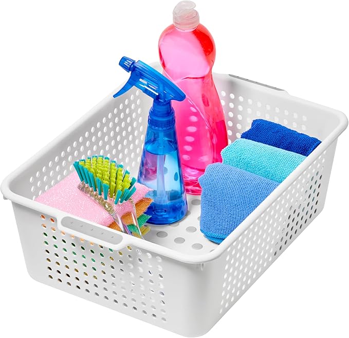 madesmart Medium Storage Basket, Multipurpose Organizer with Soft-Grip Handles, Ventilated Design for Laundry, Bath & Kitchen Storage, White, 14 x 10 x 5"