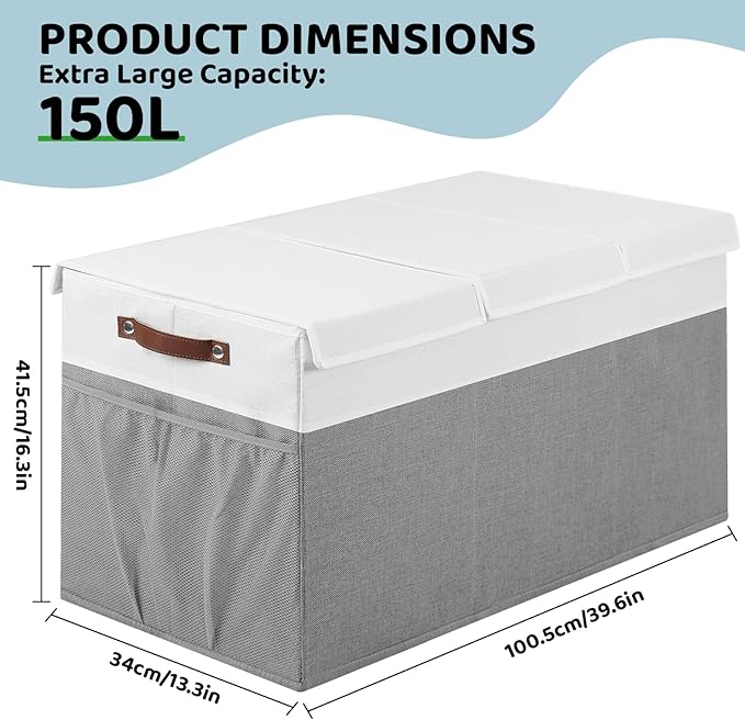 Extra Large Toy Chest,Foldable Storage Box,Large Storage Bins With Lids,Suitable for living rooms,studies,bedrooms(40"X18"X14",White & Grey)