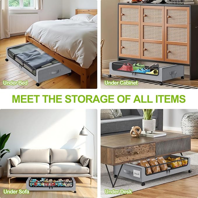 Under Bed Storage with Wheels, 4-Pack Underbed Storage Containers with Clear Lids, Under Bed Shoe Storage Organizer, Rolling Under Bed Storage for Clothes Shoes Blankets (Grey)