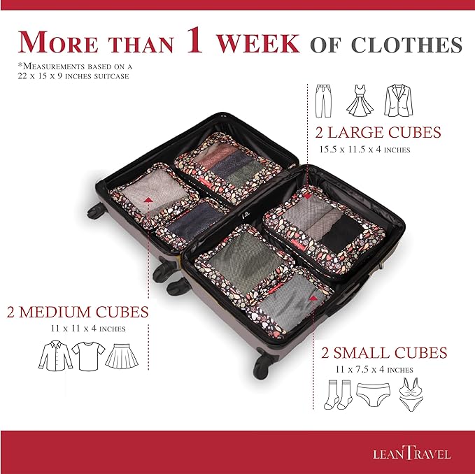 LeanTravel Compression Packing Cubes for Travel Organizers with Double Zipper (6-Pack (2L+2M+2S), Flowers & Leaves)