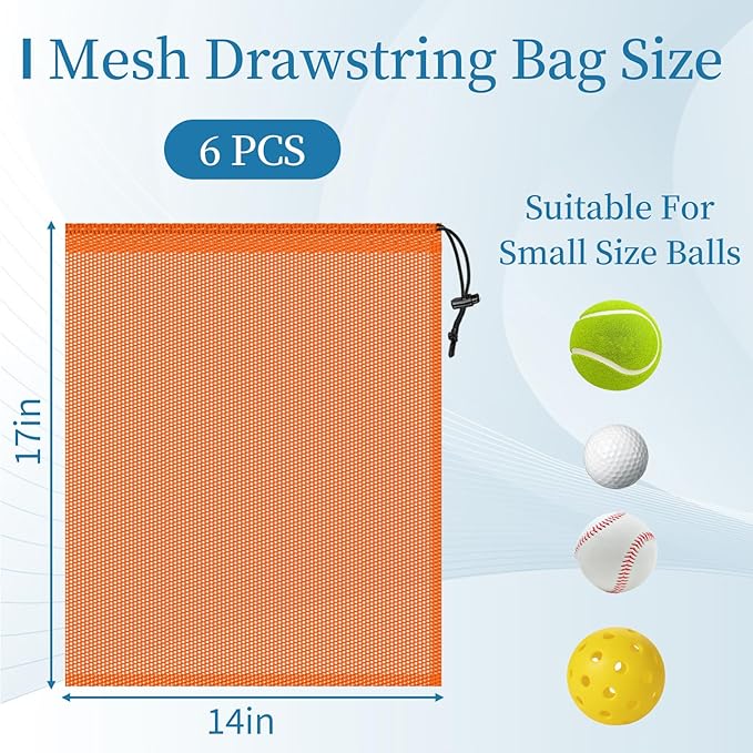 6 Pcs Mesh Bags Drawstring, 14x17 Inch with Lock, Multipurpose Storage Bags for Gym, Balls, Beach, Laundry (Orange)