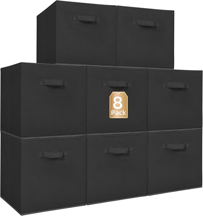 STORAGE MANIAC Storage Cubes, 13 Inch Collapsible Storage Bins with Handles, 8 Pack Fabric Foldable Bins for Organization, Durable Storage Bins for Closet, Shelves, Offices, Toys, 8-Pack Black