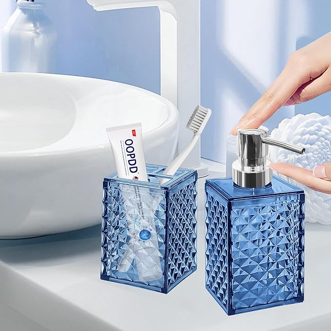 2PCS Blue Bathroom Accessories. Contain Soap Dispenser and Toothbrush Holder Set. Boho Bathroom Set for Blue Bathroom Décor