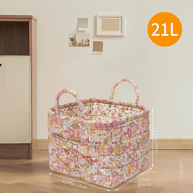 Quilted Fabric Storage Baskets with Handles, Boho Floral Gift Basket Foldable Organizer Bin for Home Decor, Picnic, Travel 12''x10''x10'' (Orange)