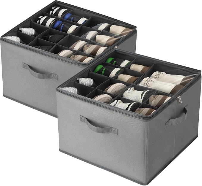 Shoe Organizer for Closet, 2 Pack Foldable Shoe Storage Bins with Clear Cover and Adjustable Dividers, Fits up to 16 Pairs, Large Shoe Box Storage Containers with Reinforced Handles (grey)