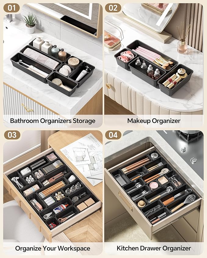 13 Pack Plastic Drawer Organizers Set, 3 Sizes Desk Drawer Organizer Trays for Vanity and Makeup Organizer, Organization and Storage for Makeup, Kitchen Utensils, Bathroom and Office(Black)