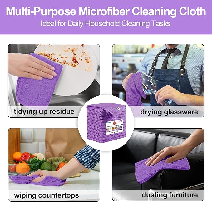 HOMERHYME Microfiber Cleaning Cloth, 12 Pack Purple Cleaning Rags,12" X 11" Lint Free Dish Towels Wash Cloths, Reusable Microfiber Towels for Home and Kitchen Bathroom Apartment Cleaning Supplies