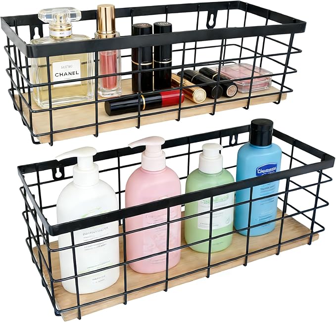 Metal Wire Basket Detachable Wood Base Storage Organizer Farmhouse Hanging Basket for Kitchen Cabinets, Bathroom, Pantry, Laundry Room Set of 2,Black Color