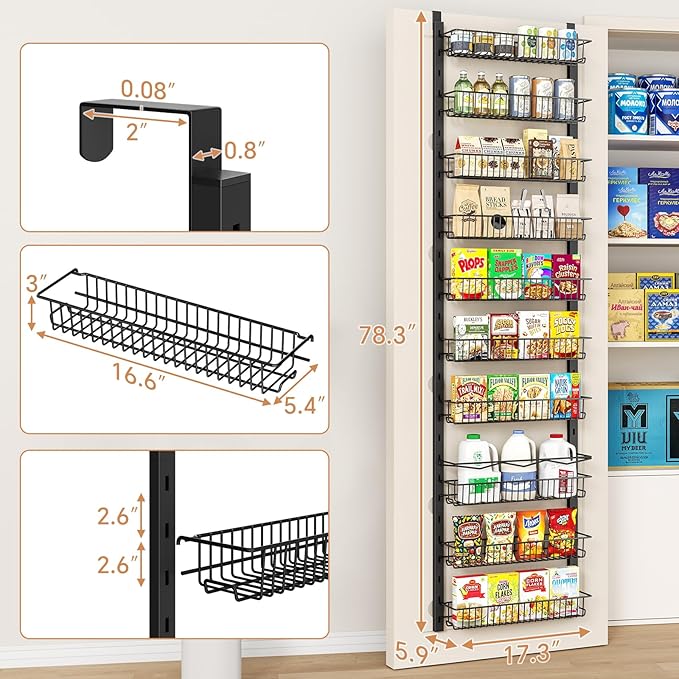 MIAOLI Over the Door Pantry Organizer, 10-Tier Adjustable Spice Rack Cabinet Door Shelves, Hanging Seasoning Organizer for Kitchen Bathroom, Laundry Room Organization, Black