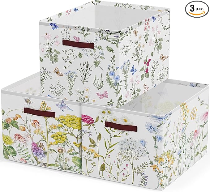 Boao 3 Pack Floral Storage Baskets for Gifts Empty Collapsible Large Wildflowers Storage Bins, Herbs Flowers Canvas Laundry Basket Organizer with Handle for Bedroom Home Office Clothes Closets Toys
