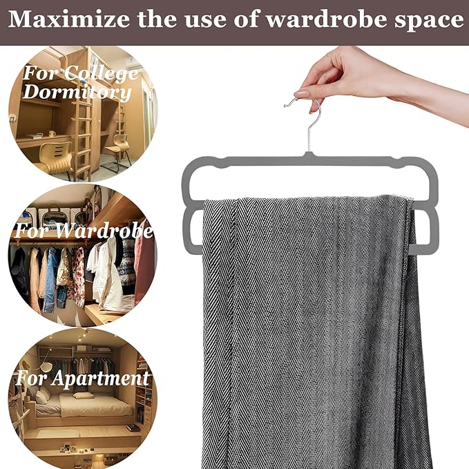 Velvet Pants Hangers,2 Tier Jeans Hanger,Premium Non Slip,Thin Space Saving Slim Trousers Hanger,13.77inch