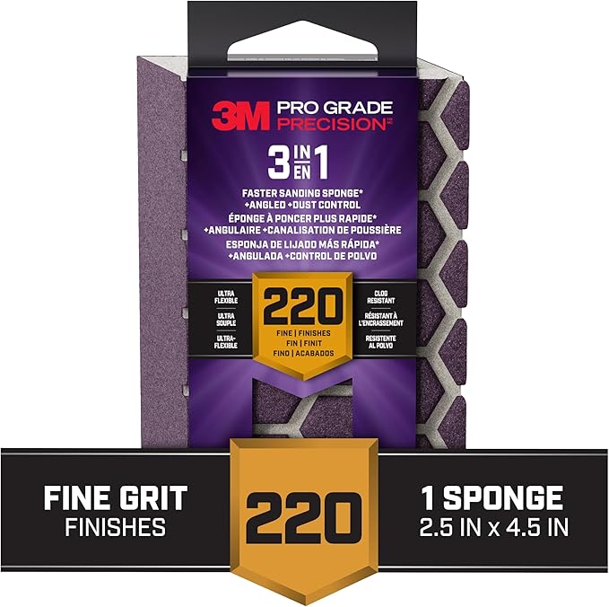 3M DCDA220-PGP-1T Pro Grade Precision 3-in-1 Angled Faster Sanding Sponge, 220-Grit Extra-Fine, 2.5" x 4.5" x 1"
