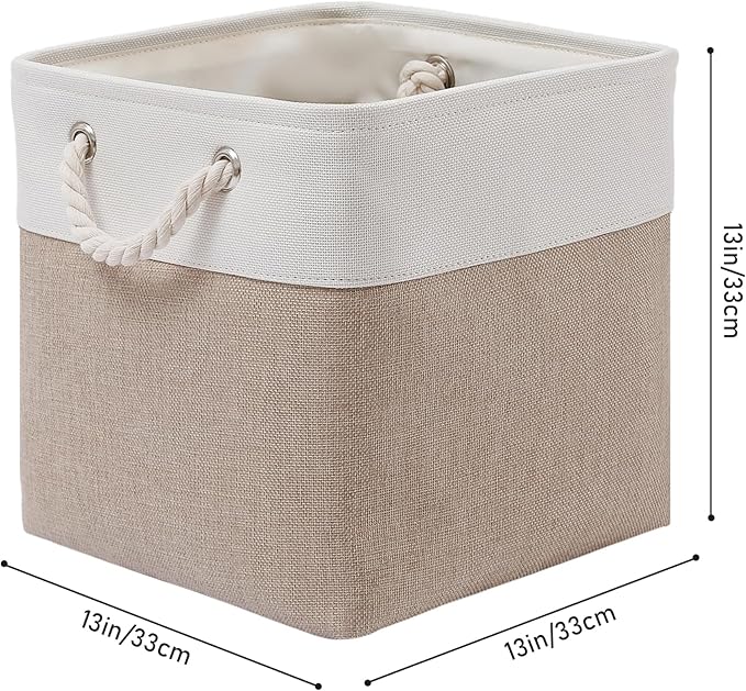 13 x 13 Inch Cube Storage Bins, 6 Pack Extra Large Collapsible Fabric Storage Bin with Ropes, Foldable Storage Cubes for Home (White & Beige-13"x13"x13")