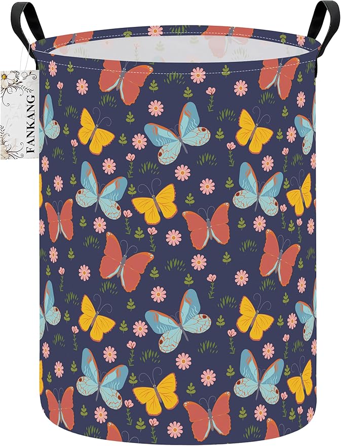 FANKANG Storage Basket, Nursery Hamper Canvas Laundry Basket Foldable with Waterproof PE Coating Large Storage Baskets for Kids Boys and Girls, Office, Bedroom, Clothes,Toys(Colorful Butterfly)