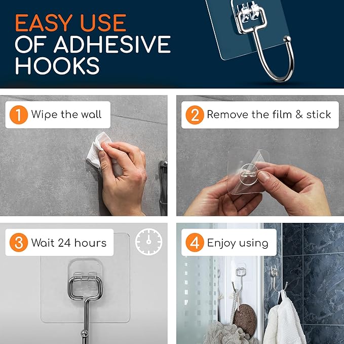 GLUIT Adhesive Large Wall Hooks for Hanging Heavy Duty 22 lbs Hooks for Walls No Damage, Towel Sticky Clear Hooks, Waterproof, Home, Bathroom, Kitchen, Office, and Outdoor 12 Pack