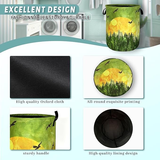 Watercolor Sunset Laundry Basket Foldable Forest Laundry Hamper Oxford Cloth Colorful Tote Bag Clothes Toy Storage Bucket For Bathroom/Laundry Storage/Bedroom 18.9 x 16.5 Inch