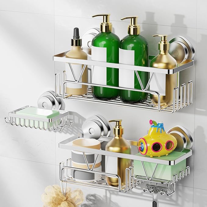 ZUNTO Silver Suction Cup Shower Caddy - 3pcs Reusable Shower Shelf Organizers with Soap Holder and Hooks - No Drilling Bathroom Shelves for Shampoo