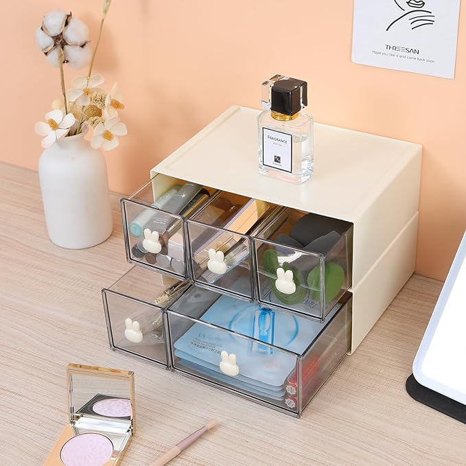 Desktop Storage Drawers, Plastic Desk Organizer with 3 Drawers, Modular Stackable Toolbox Units for Office Stationary, Makeup Container, Bathroom Countertop (1 Tall Layer, Cream & Clear)
